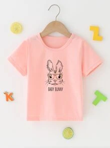 Niñas 1 pieza Camiseta con estampado de conejo y letra - Rosa coral - Ver 1