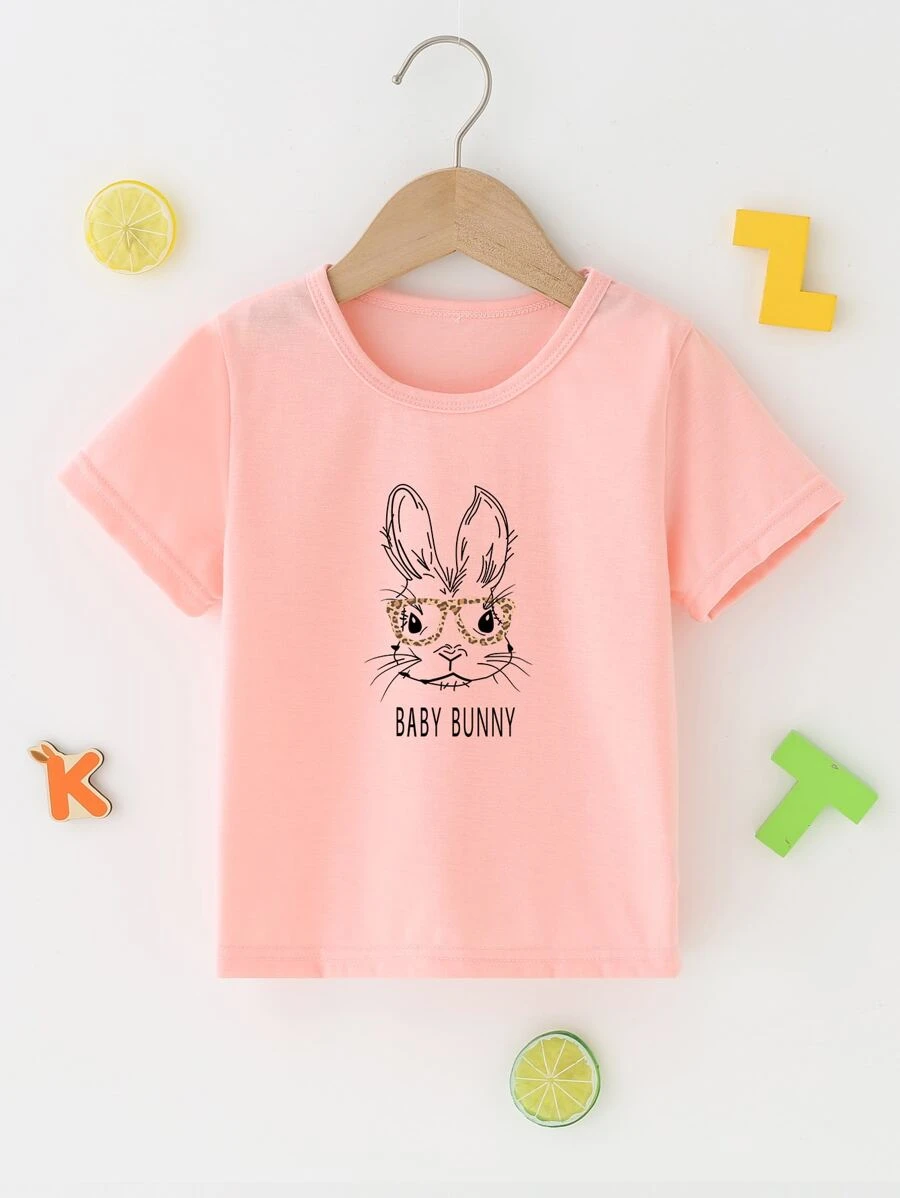 Niñas 1 pieza Camiseta con estampado de conejo y letra - Rosa coral - Ver 1