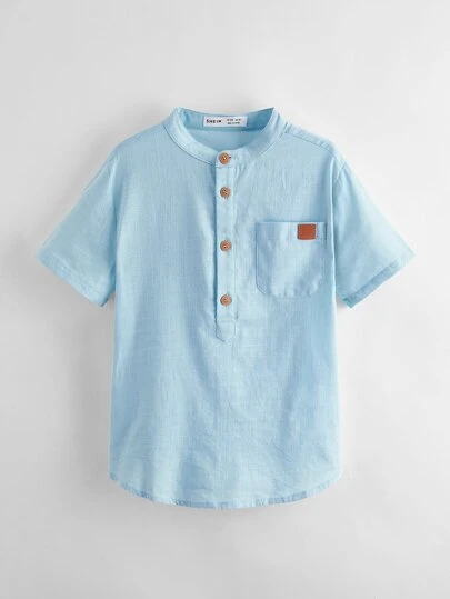 SHEIN Tween Boy Woven Short Sleeve Half-Open Collar Shirt