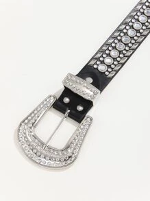 Leather Belt With Rhinestones, Chic And Minimalist Luxury Casual Waistband - Black - View 3