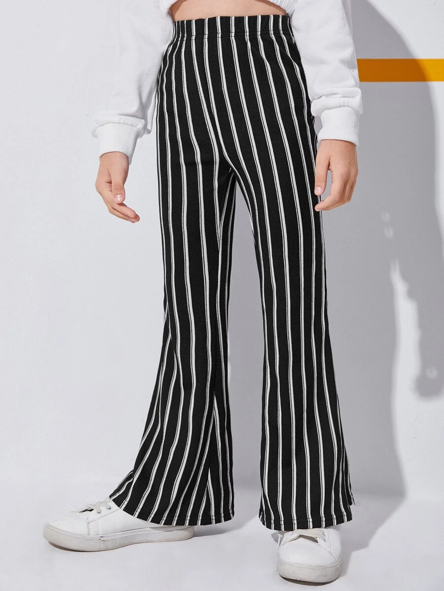 SHEIN Cô gái Tween Sọc Cao eo Quần ống loe - màu đen - Xem 1