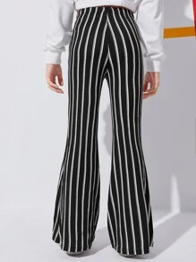 SHEIN Cô gái Tween Sọc Cao eo Quần ống loe - màu đen - Xem 2