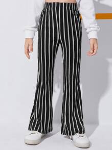 SHEIN Cô gái Tween Sọc Cao eo Quần ống loe - màu đen - Xem 4