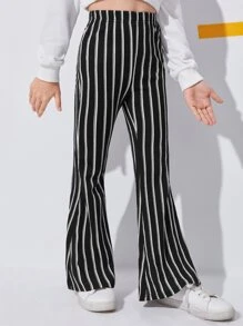 SHEIN Cô gái Tween Sọc Cao eo Quần ống loe - màu đen - Xem 5