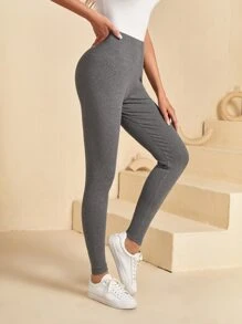 EMERY ROSE 素色條紋針織緊身打底褲 - 深灰色 - 查看 1