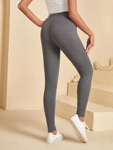 EMERY ROSE 素色條紋針織緊身打底褲 - 深灰色 - 查看 2