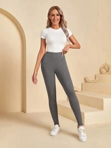 EMERY ROSE 素色條紋針織緊身打底褲 - 深灰色 - 查看 3