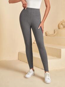 EMERY ROSE 素色條紋針織緊身打底褲 - 深灰色 - 查看 4