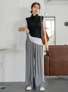 DAZY High Waist Plisse Wide Leg Trousers - Grey - View 5