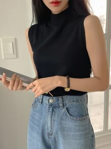 DAZY Chaleco de punto de cuello alto para verano - Negro - Ver 8