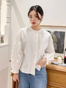 DAZY 荷葉袖褶邊襯衫 - 白色 - 查看 3