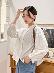 DAZY 荷葉袖褶邊襯衫 - 白色 - 查看 4