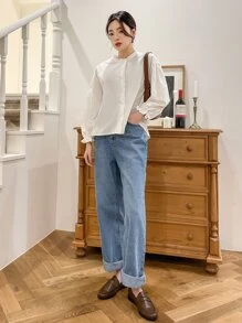 DAZY 荷葉袖褶邊襯衫 - 白色 - 查看 5