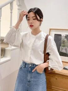 DAZY 荷葉袖褶邊襯衫 - 白色 - 查看 6