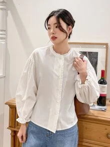 DAZY 荷葉袖褶邊襯衫 - 白色 - 查看 7