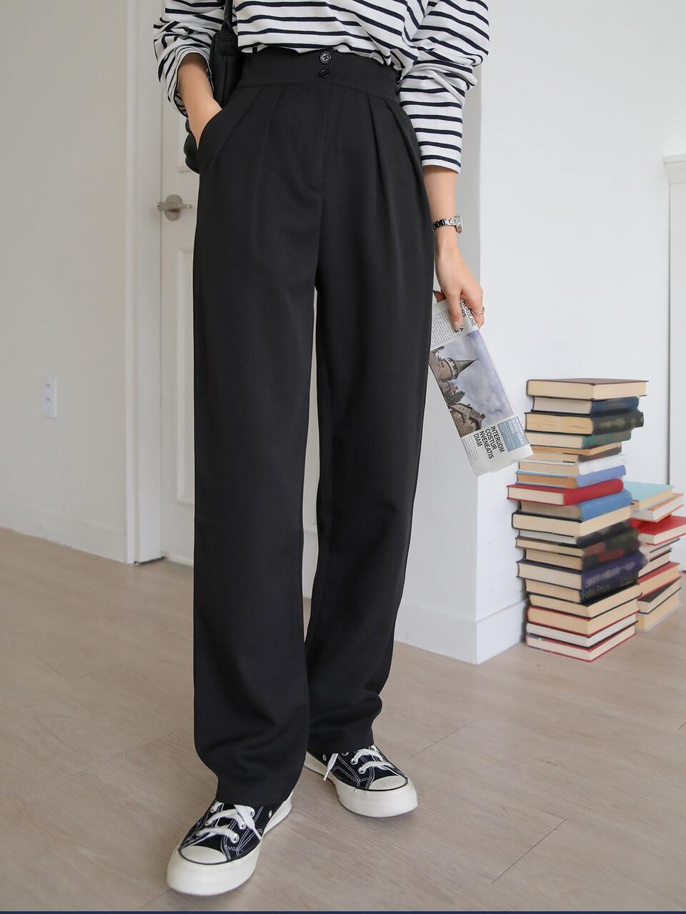 High Waist Plicated Detail Straight Leg Pants,Women Dress Pants Business Attire