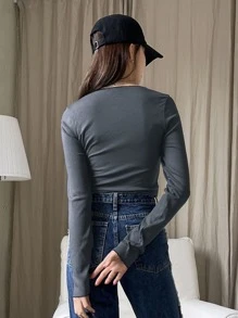 DAZY Top-stitching Ribbed Knit Tee - Dusty Blue - View 2