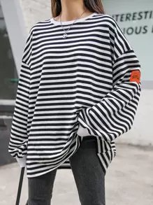 DAZY Áo thun trễ vai họa tiết chữ sọc, quần áo mùa thu, quần áo trở lại trường, áo dài tay cho nữ - Đen và trắng - Xem 4