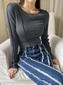 DAZY Top-stitching Ribbed Knit Tee - Dusty Blue - View 3