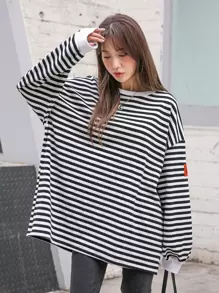 DAZY Áo thun trễ vai họa tiết chữ sọc, quần áo mùa thu, quần áo trở lại trường, áo dài tay cho nữ - Đen và trắng - Xem 5