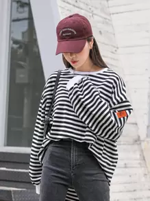 DAZY Áo thun trễ vai họa tiết chữ sọc, quần áo mùa thu, quần áo trở lại trường, áo dài tay cho nữ - Đen và trắng - Xem 6