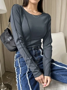 DAZY Top-stitching Ribbed Knit Tee - Dusty Blue - View 5