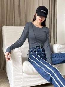 DAZY Top-stitching Ribbed Knit Tee - Dusty Blue - View 6