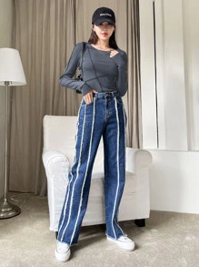 DAZY Top-stitching Ribbed Knit Tee - Dusty Blue - View 7