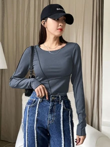 DAZY Top-stitching Ribbed Knit Tee - Dusty Blue - View 8