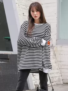 DAZY Áo thun trễ vai họa tiết chữ sọc, quần áo mùa thu, quần áo trở lại trường, áo dài tay cho nữ - Đen và trắng - Xem 7