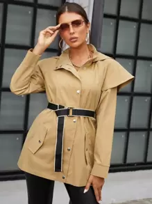 SHEIN BIZwear 紐扣細節搭扣荷葉袖連帽腰帶風衣外套 - 卡其色 - 查看 1