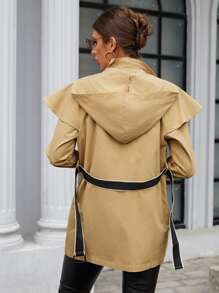 SHEIN BIZwear 紐扣細節搭扣荷葉袖連帽腰帶風衣外套 - 卡其色 - 查看 2