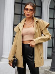 SHEIN BIZwear 紐扣細節搭扣荷葉袖連帽腰帶風衣外套 - 卡其色 - 查看 3