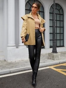 SHEIN BIZwear 紐扣細節搭扣荷葉袖連帽腰帶風衣外套 - 卡其色 - 查看 5