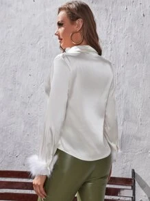 SHEIN BAE Camisa de peluche puño de satén - Beis - Ver 2