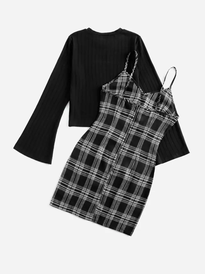 Our Solid Bell Sleeve Tee & Plaid Cami Dress is such a vibe - ROMWE