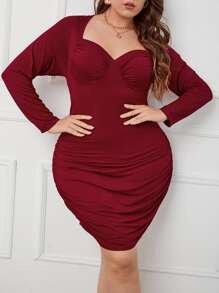 Plus Sweetheart Neck Ruched Bodycon Dress - Burgundy - View 1