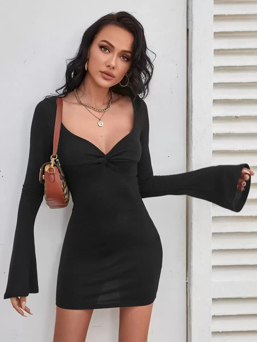 Twist Front Flounce Sleeve Bodycon Dress - Black - View 1