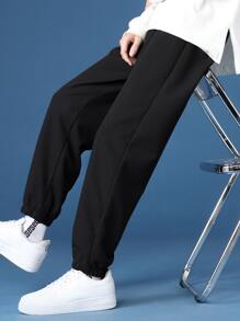 Men Solid Drawstring Waist Sweatpants - Black - View 1