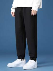 Men Solid Drawstring Waist Sweatpants - Black - View 3