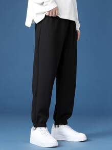 Men Solid Drawstring Waist Sweatpants - Black - View 4