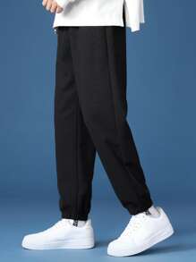 Men Solid Drawstring Waist Sweatpants - Black - View 5