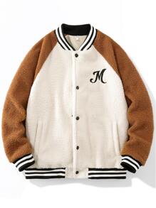 Manfinity Hombres Cazadora de universidad con bordado de letra ribete de rayas de manga raglán forro polar - Multicolor - Ver 1