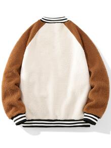 Manfinity Hombres Cazadora de universidad con bordado de letra ribete de rayas de manga raglán forro polar - Multicolor - Ver 2