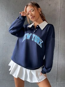 SHEIN Unity Polo Collar Drop Shoulder Letter Graphic Pullover,Long Sleeve Tops Fall - Navy Blue - View 4