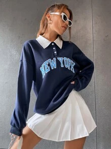 SHEIN Unity Polo Collar Drop Shoulder Letter Graphic Pullover,Long Sleeve Tops Fall - Navy Blue - View 5
