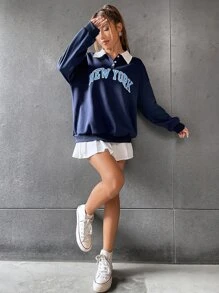 SHEIN Unity Polo Collar Drop Shoulder Letter Graphic Pullover,Long Sleeve Tops Fall - Navy Blue - View 6