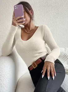 SHEIN Essnce Solid Rib Knit V Neck Jumper - Beige - View 1