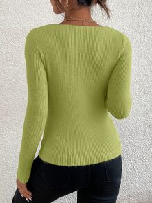 SHEIN Essnce Jersey unicolor tejido de canalé de cuello V - Verde Oliva - Ver 2