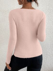 SHEIN Essnce 素色螺紋針織V領套頭毛衣 - 淺粉色 - 查看 2